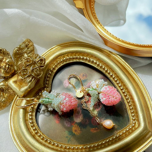 Pink Strawberry Pearl Dangle Earrings by NINEMOO – detail view