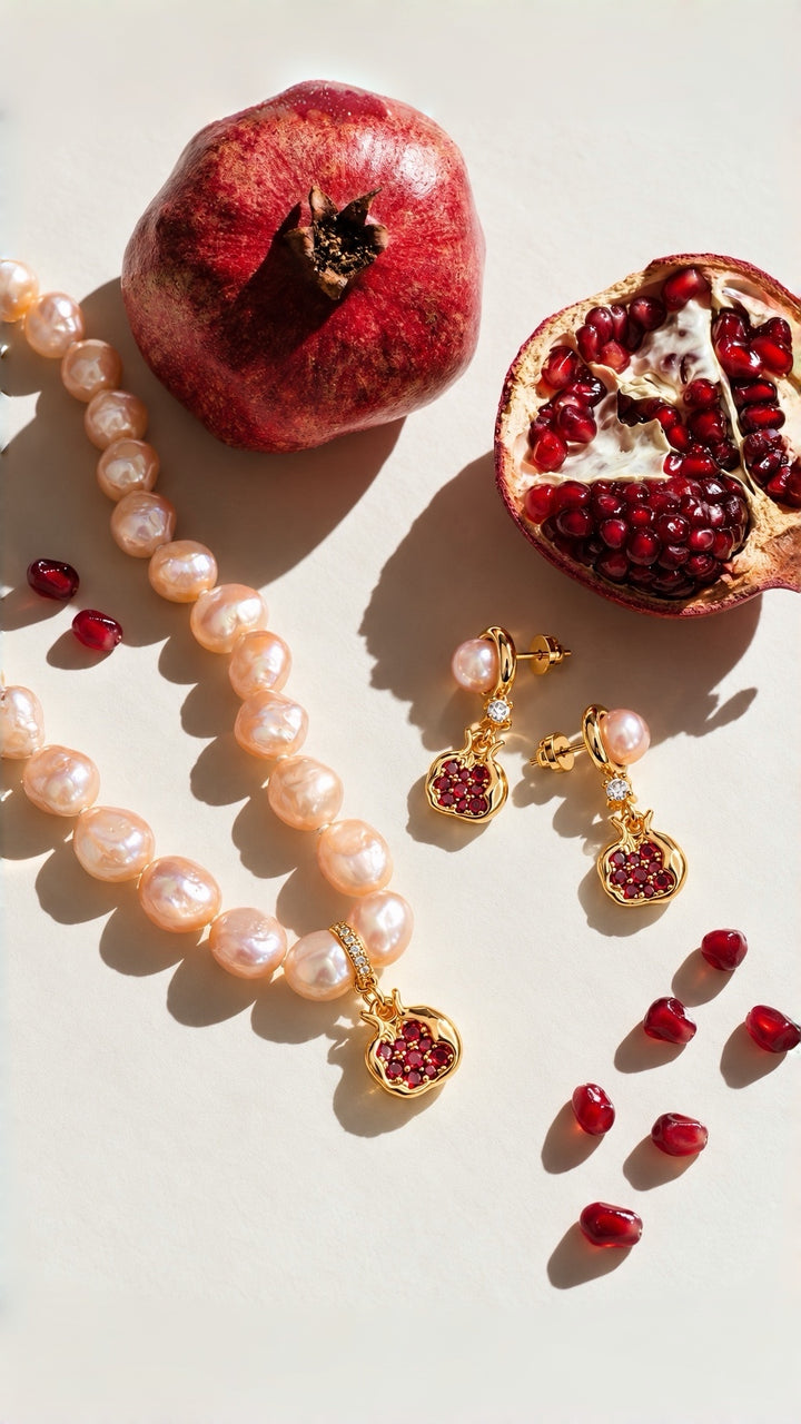 NINEMOO pomegranate pearl necklace and earrings in warm sunlight