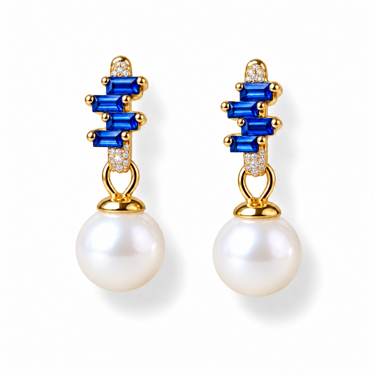 Blue colour option of NINEMOO Prisme Pearl Drop Earrings with blue Cubic Zirconia and white Freshwater Pearls.