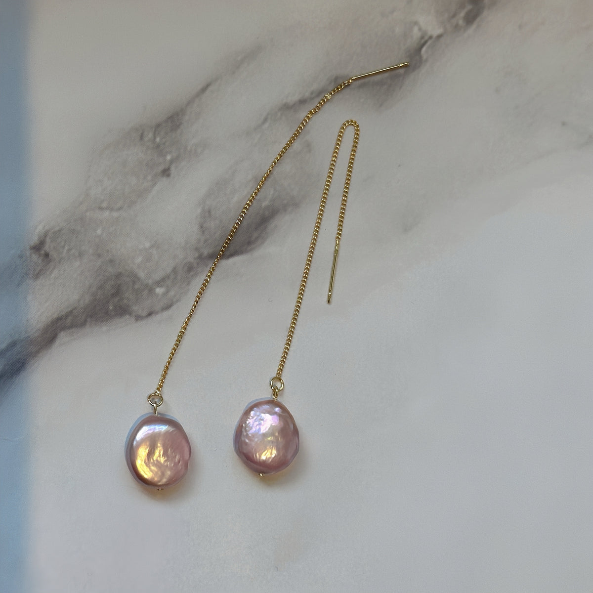 Purple Baroque Pearl Threader Earrings by NINEMOO – alternate view
