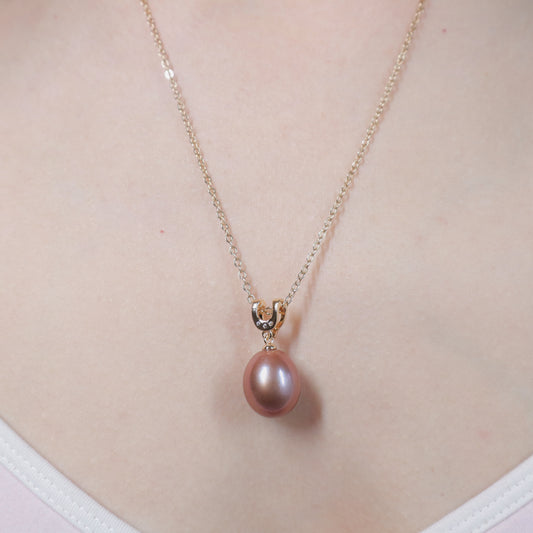 Purple Luxe 12mm Pearl Pendant Golden Necklace by NINEMOO – detail view