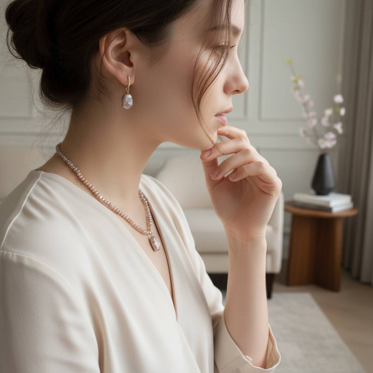 Rectangular Pink Baroque Pearl Earrings by NINEMOO – detail view