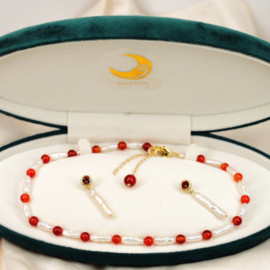 Red Agate & Lute Pearl Earrings by NINEMOO – alternate view