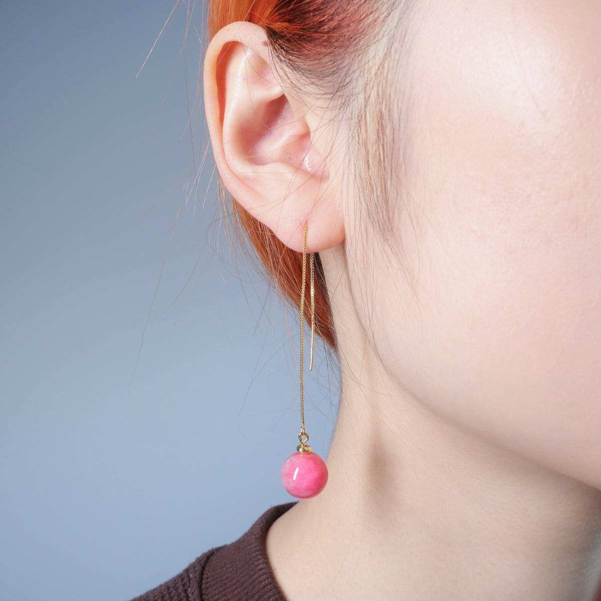 Rose Rhodochrosite Threader Earrings by NINEMOO – alternate view
