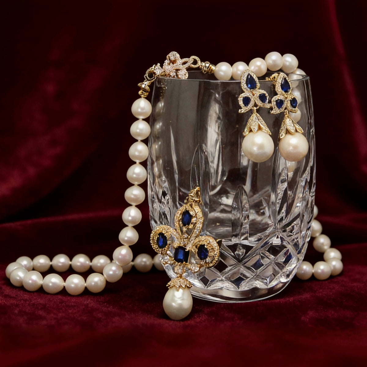 Royal Blue Iris Natural Pearl Earrings by NINEMOO – alternate view
