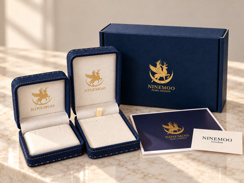NINEMOO navy blue jewellery boxes with cream interiors and gold branding