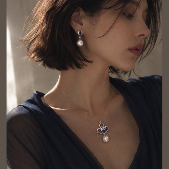 Royal Blue Pearl Earrings by NINEMOO – detail view