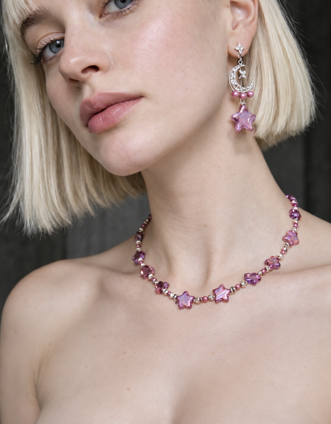 Violet star pearl earrings and necklace styling
