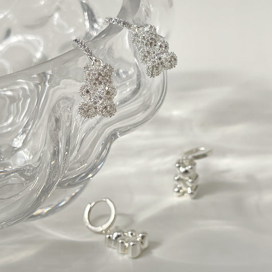 Silver Bear Pendant Earrings by NINEMOO – detail view
