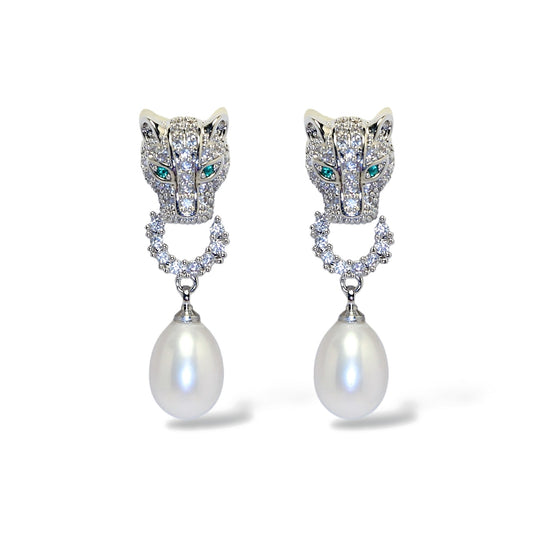 Silver Leopard Pearl Stud Earrings by NINEMOO – product image
