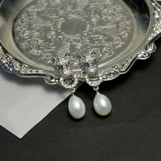Silver Leopard Pearl Stud Earrings by NINEMOO – product view 4