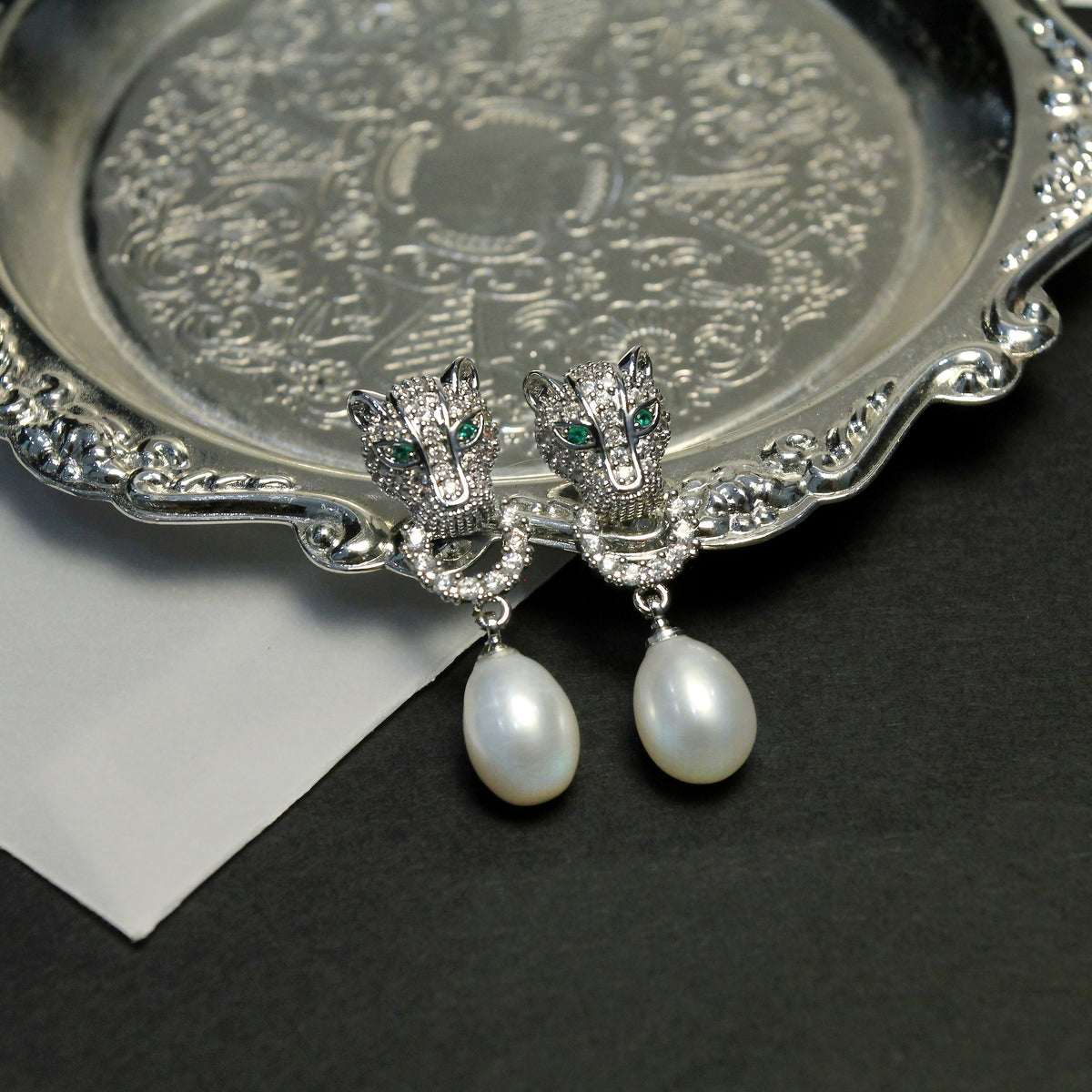 Silver Leopard Pearl Stud Earrings by NINEMOO – product view 4