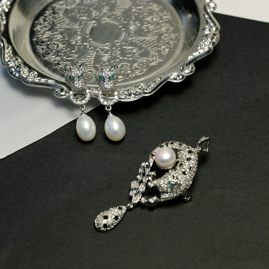 Silver Leopard Pearl Stud Earrings by NINEMOO – product view 6
