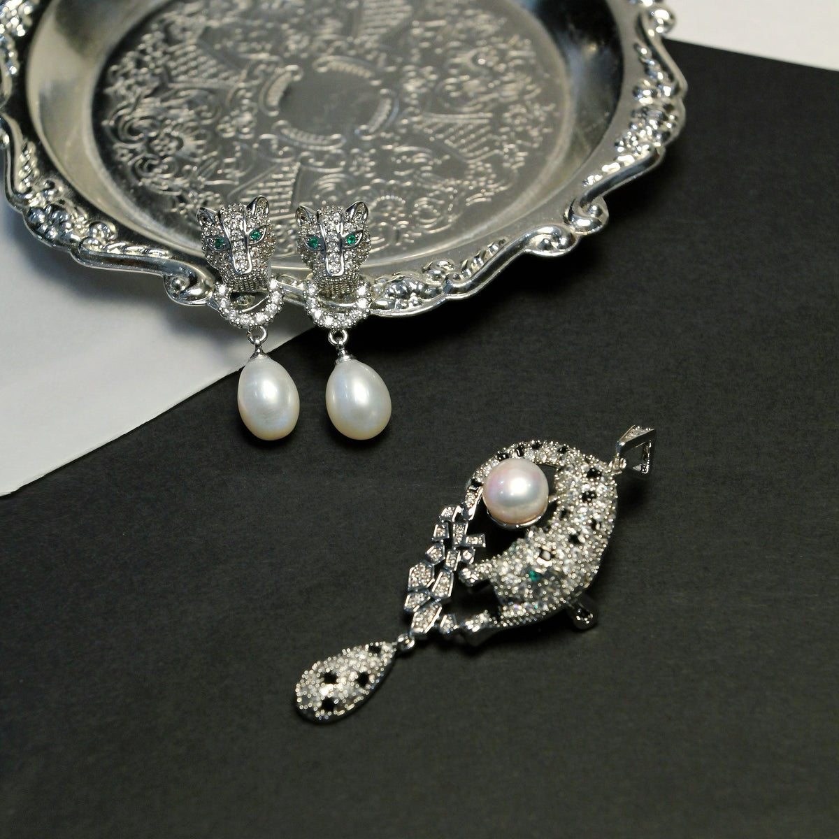 Silver Leopard Pearl Stud Earrings by NINEMOO – product view 6