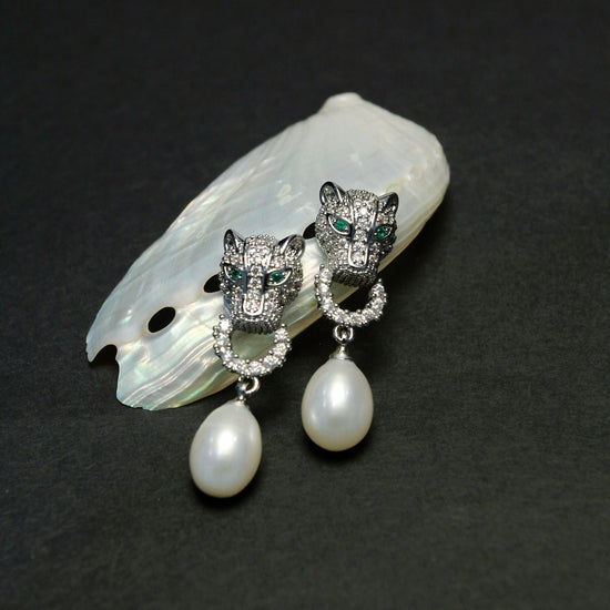 Silver Leopard Pearl Stud Earrings by NINEMOO – product view 7