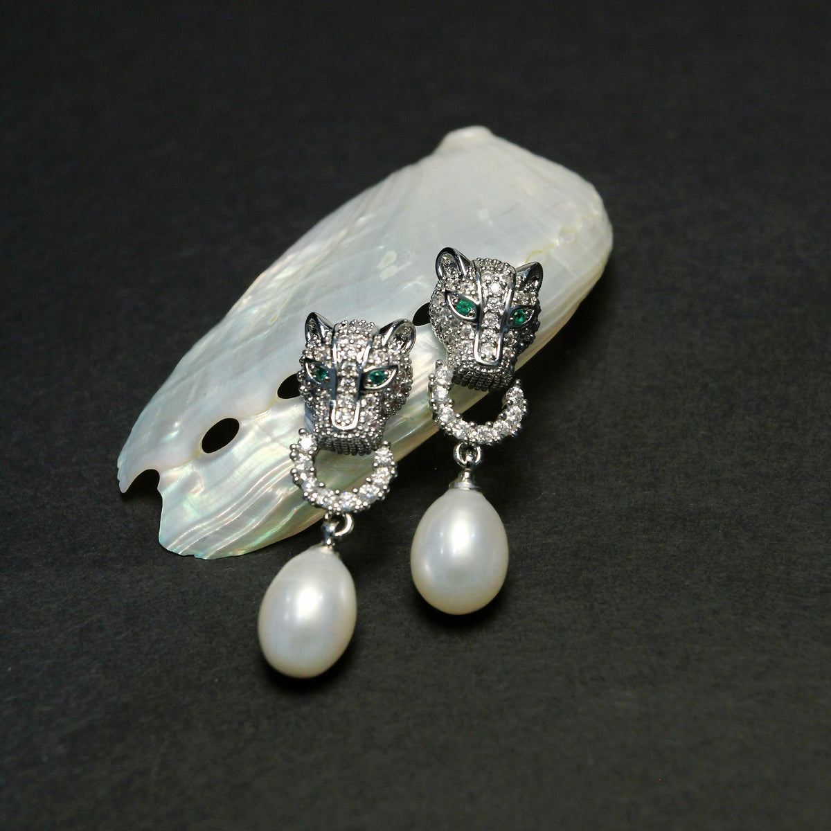 Silver Leopard Pearl Stud Earrings by NINEMOO – product view 7