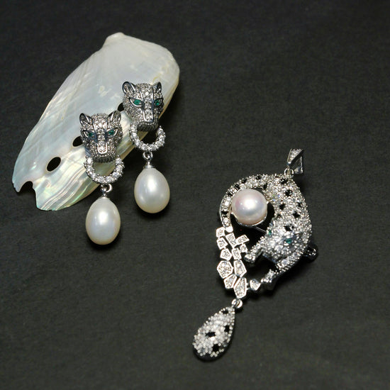 Silver Leopard Pearl Stud Earrings by NINEMOO – product view 8