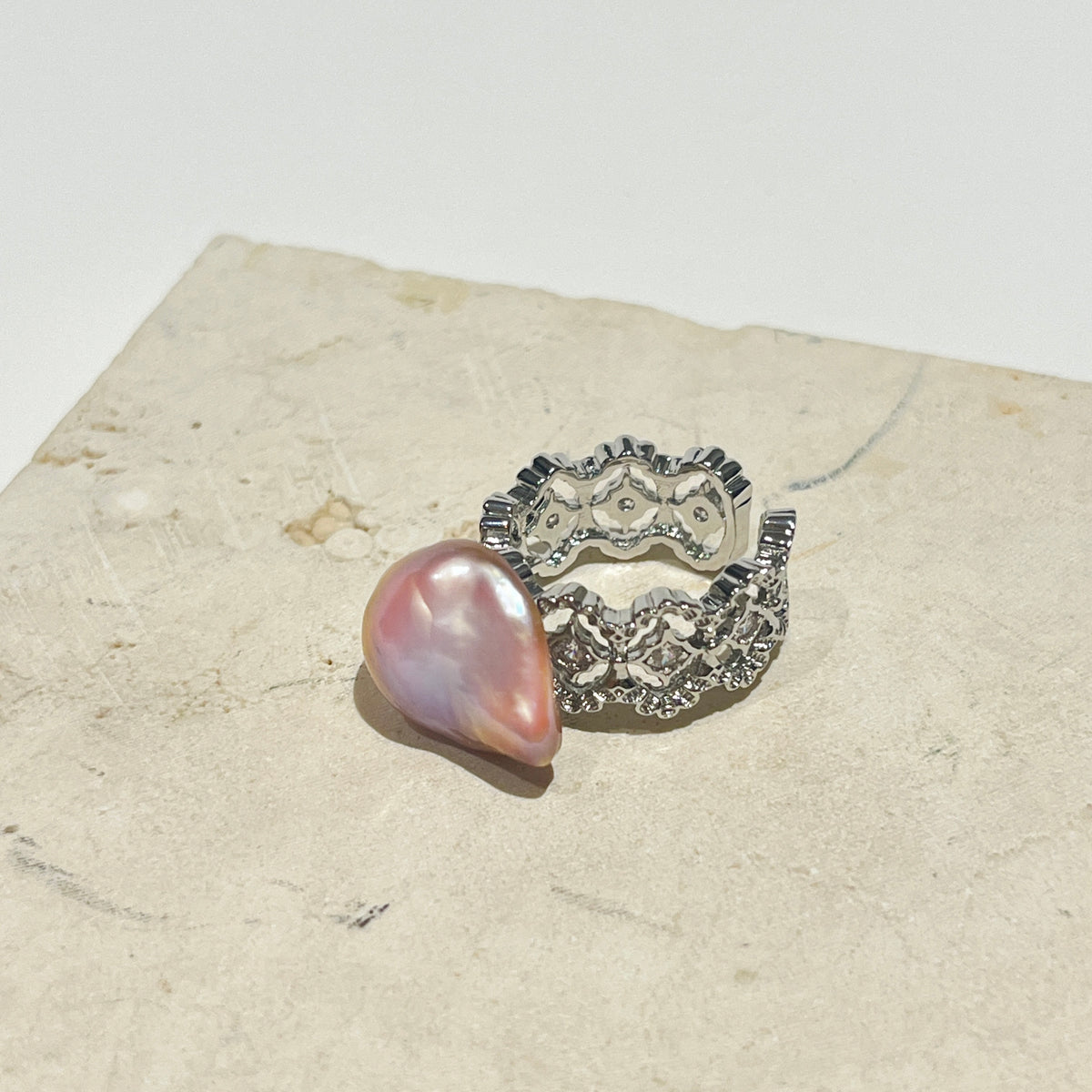 Silver Purple Baroque Pearl Open Ring by NINEMOO – detail view