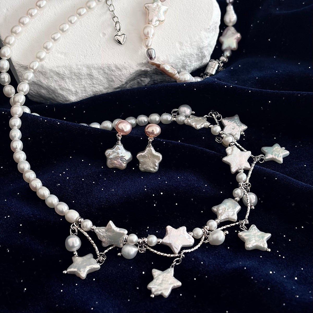NINEMOO white star pearl jewellery styled set close-up; pieces sold separately