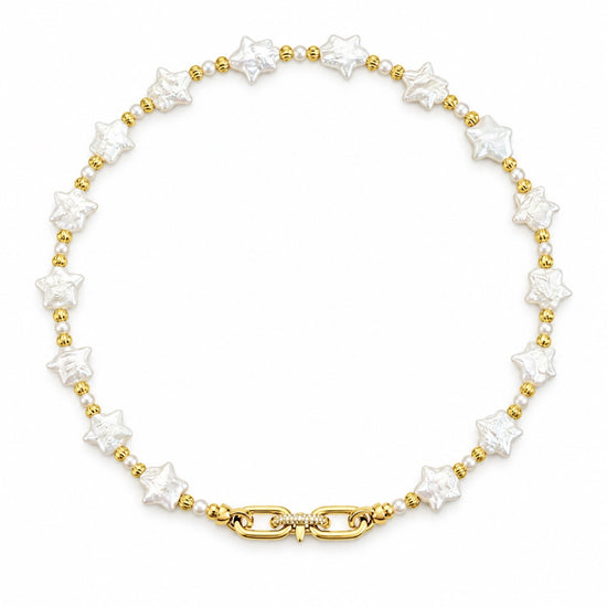 NINEMOO Starry Veil Pearl Necklace – white star-shaped Freshwater Pearls with gold-tone fittings, necklace only