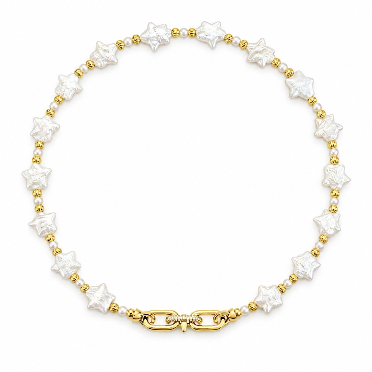 NINEMOO Starry Veil Pearl Necklace – white star-shaped Freshwater Pearls with gold-tone fittings, necklace only