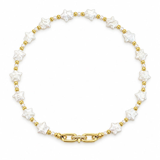 NINEMOO Starry Veil Pearl Necklace – white star-shaped Freshwater Pearls with gold-tone fittings, necklace only