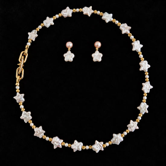 NINEMOO Starry Veil Pearl Necklace – white star pearls and gold-tone fittings on black background; matching earrings shown separately