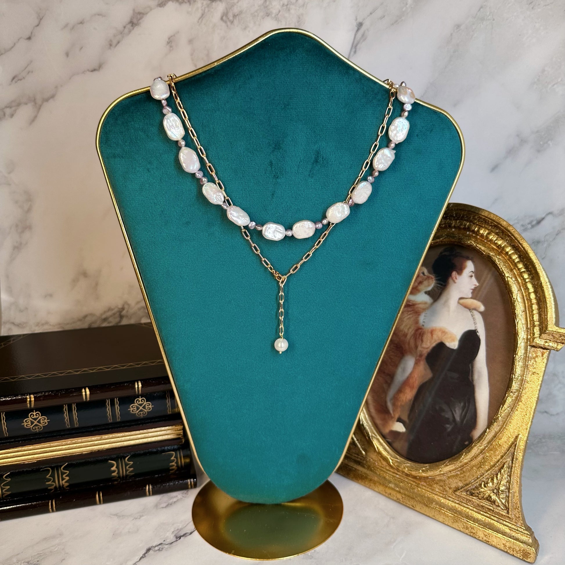 White Rectangular Pearl Versatile Sweater Necklace by NINEMOO – product view 4