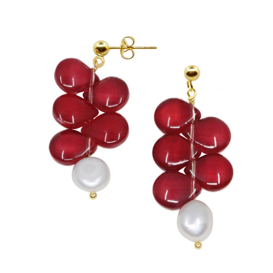 Scarlet Grape Cluster Pearls Earrings