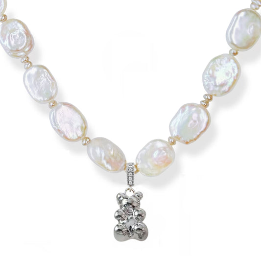 Rectangular Pearl & Bear Pendant Necklace