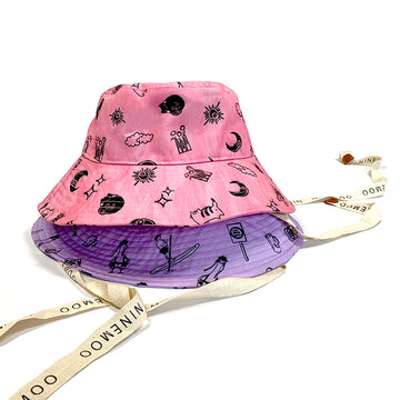 Cat Printed Pink Bucket Hat With Straps