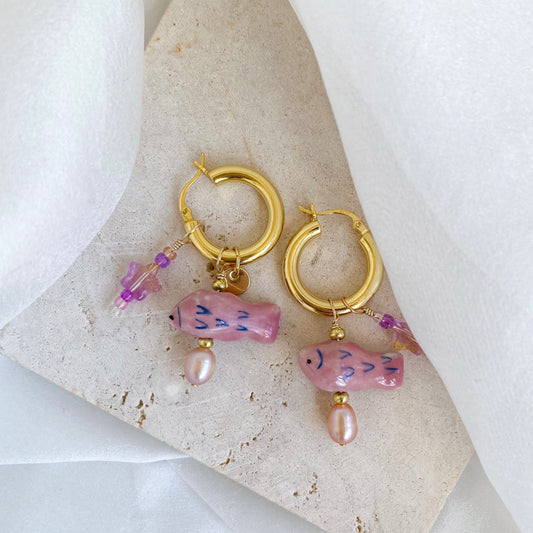 Ceramic Fishy Beads Hoops Earrings