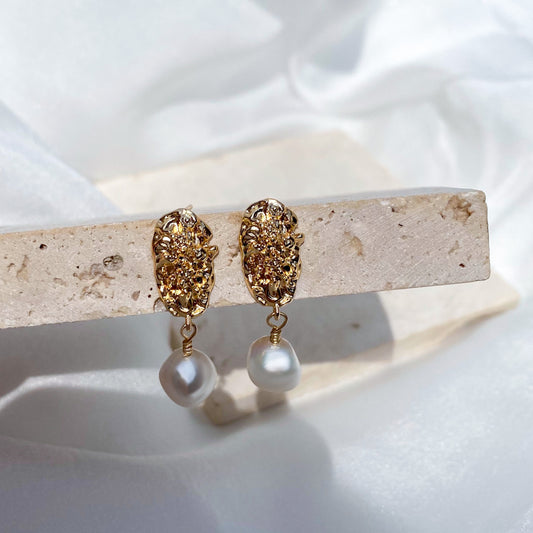 Rough 14k Gold And Pearl Earrings